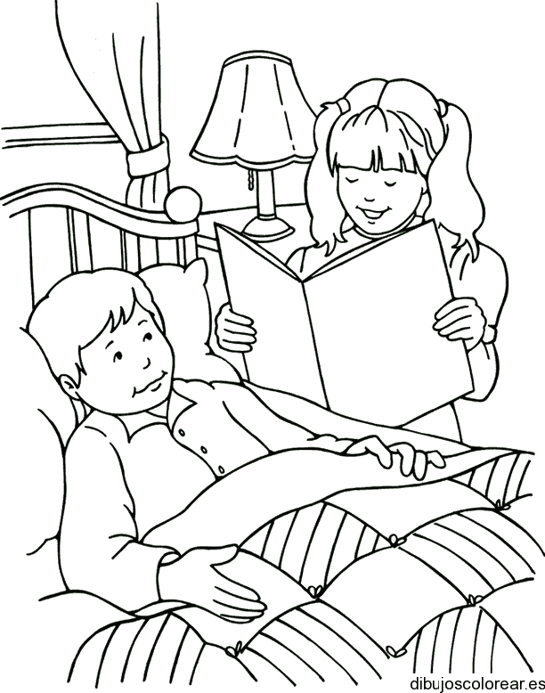 Dibujo de una niña leyendo a su hermano enfermo para colorear