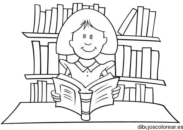 Dibujo de una niña leyendo en biblioteca para colorear