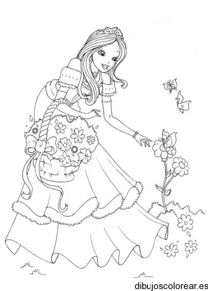 Dibujo de una niña recogiendo flores para colorear