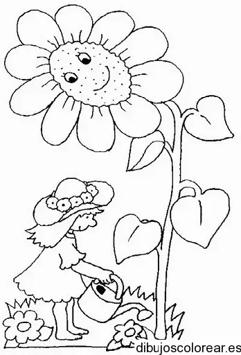 Dibujo de una niña regando un enorme girasol para colorear