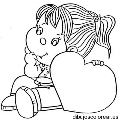 Dibujo de una niña sentada y un corazón para colorear