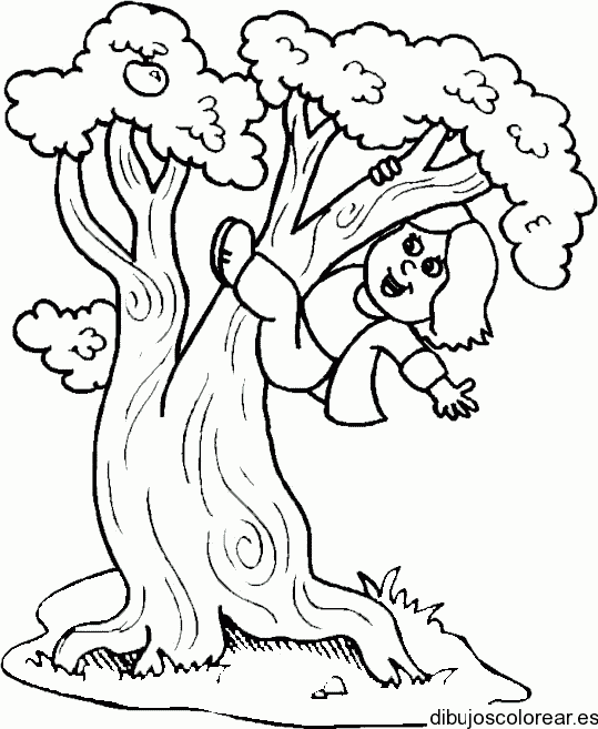 Dibujo de una niña subiendo a un árbol para colorear