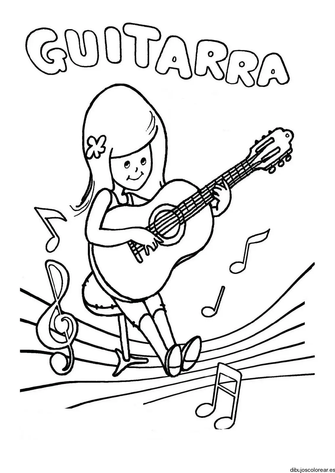 Dibujo de una niña tocando guitarra para colorear