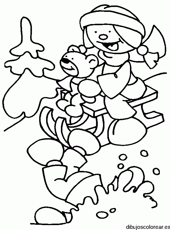 Dibujo de una niña y su oso en trineo para colorear