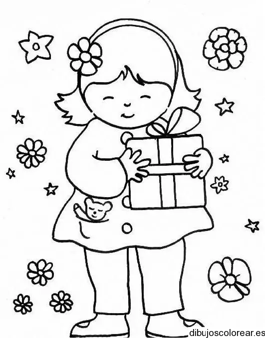 Dibujo de una niña y su regalo para colorear