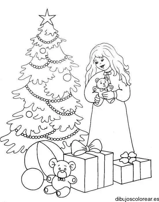 Dibujo de una niña y un árbol de navidad para colorear