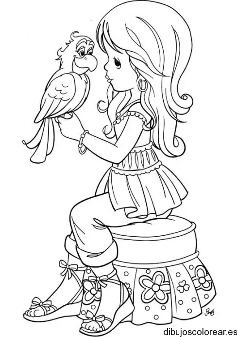 Dibujo de una niña y un loro para colorear