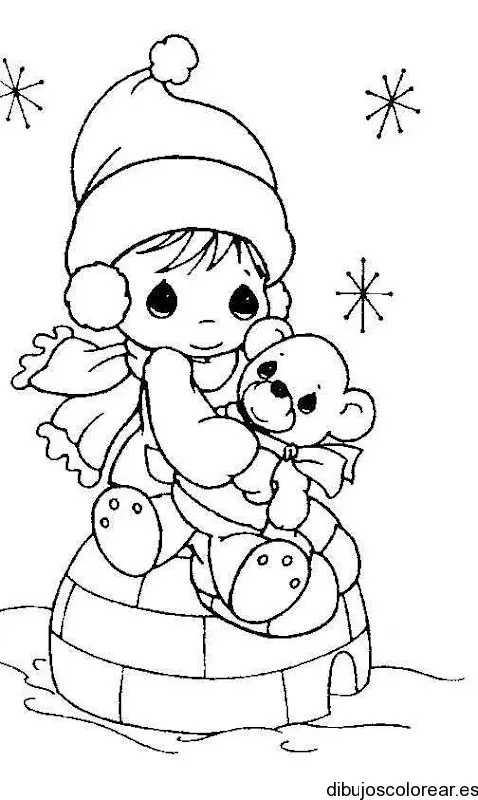 Dibujo de una niña y un osito para colorear