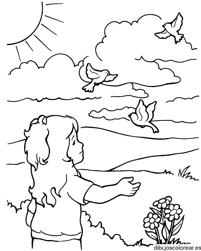 Dibujo de una niña y una paloma para colorear