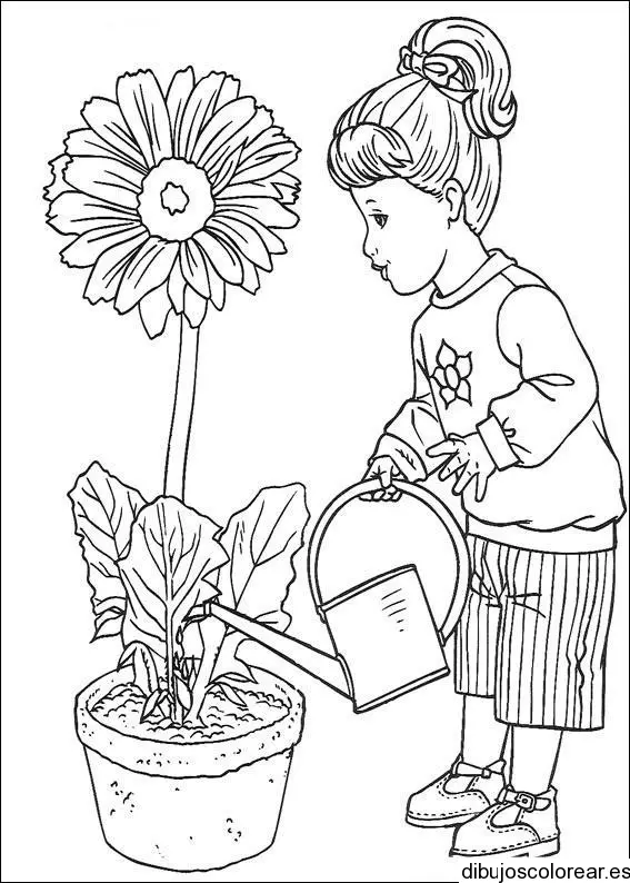 Dibujo de una niña y una regadera para colorear