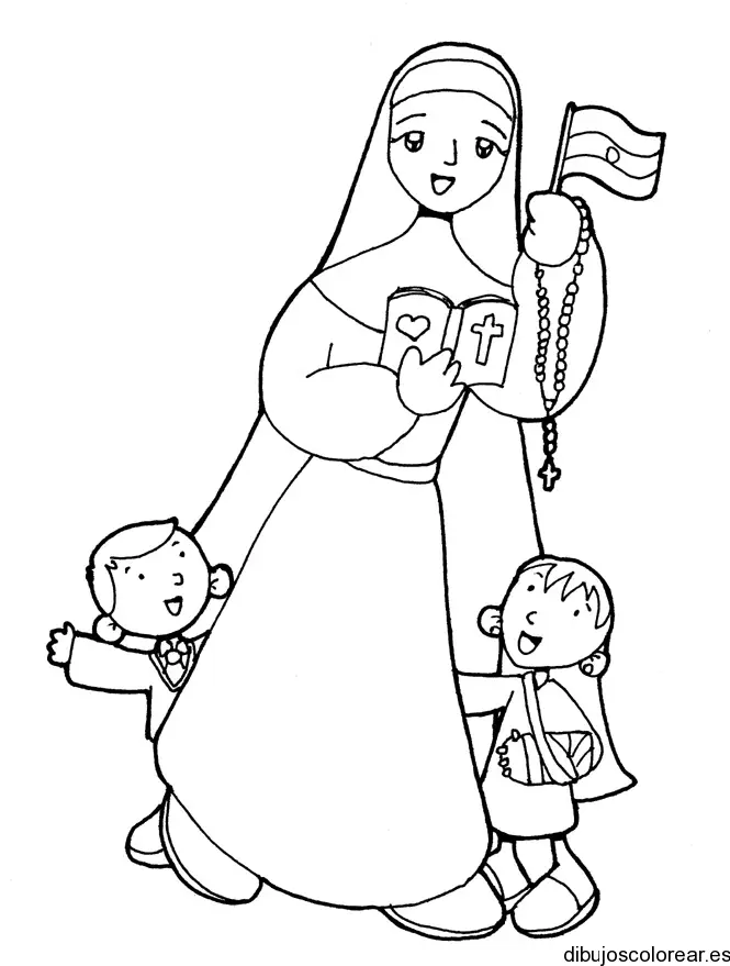 Dibujo de una novicia con dos niños para colorear