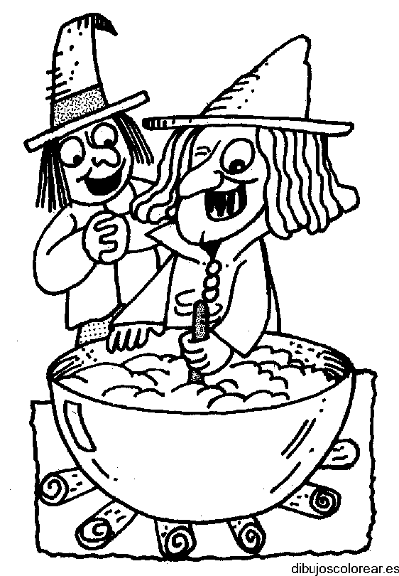 Dibujo de una pareja de brujas con su caldero para colorear