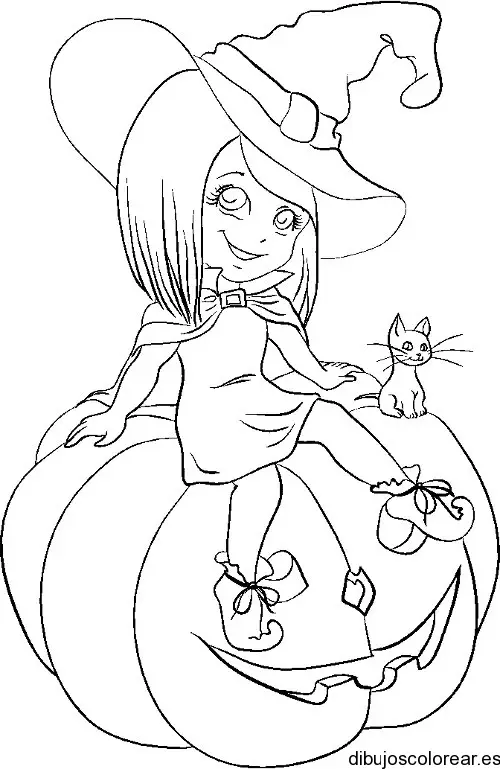 Dibujo de una pequeña bruja con una calabaza para colorear