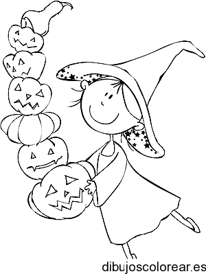 Dibujo de una pequeña bruja y sus calabazas para colorear