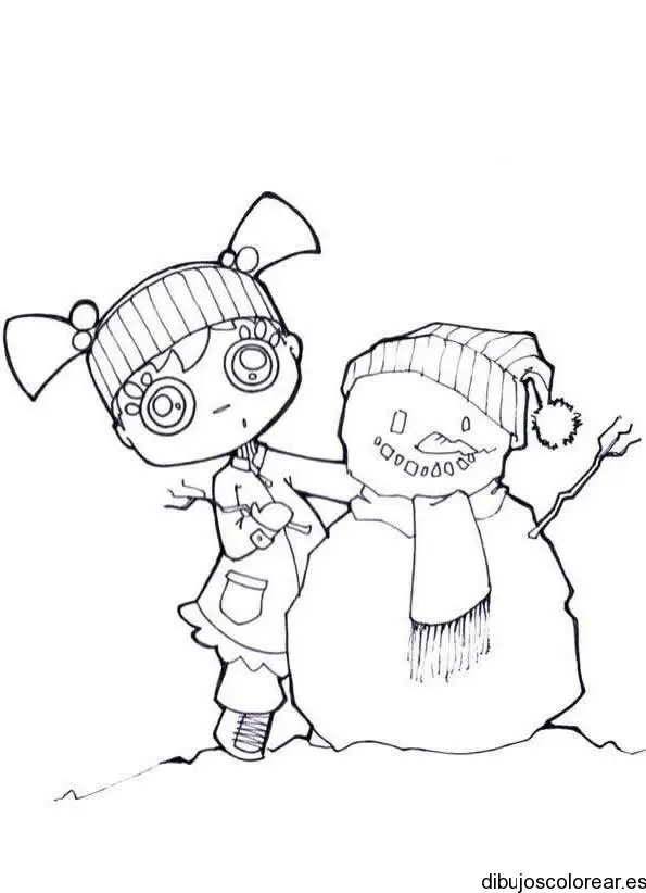 Dibujo de una pequeña niña con un hombre de nieve para colorear