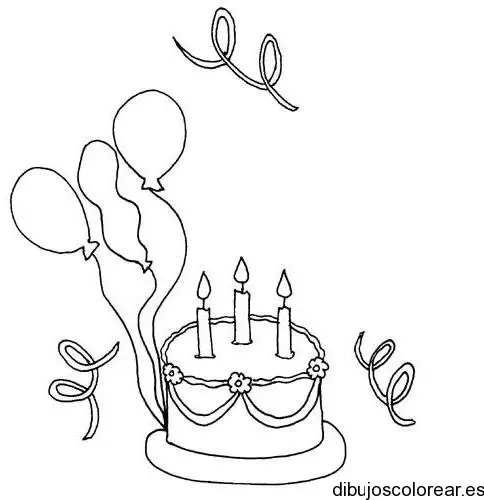 Dibujo de una tarta de cumpleaños y globos para colorear