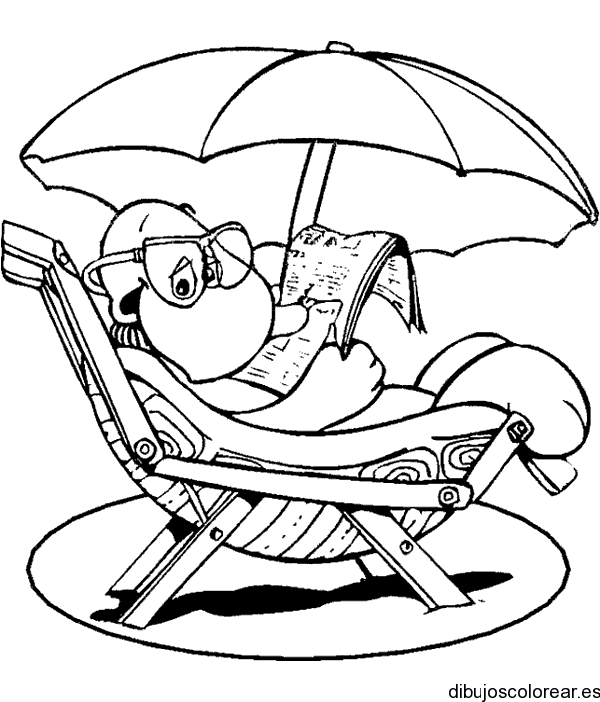 Dibujo de una tortuga en la playa y una sombrilla para colorear