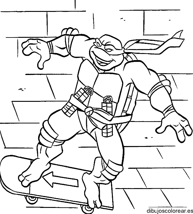 Dibujo de una tortuga ninja en monopatín para colorear