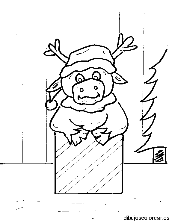 Dibujo de una vaca con gorro de navidad para colorear
