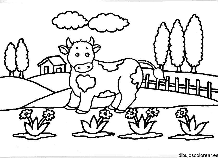 Dibujo de una vaca en un prado para colorear