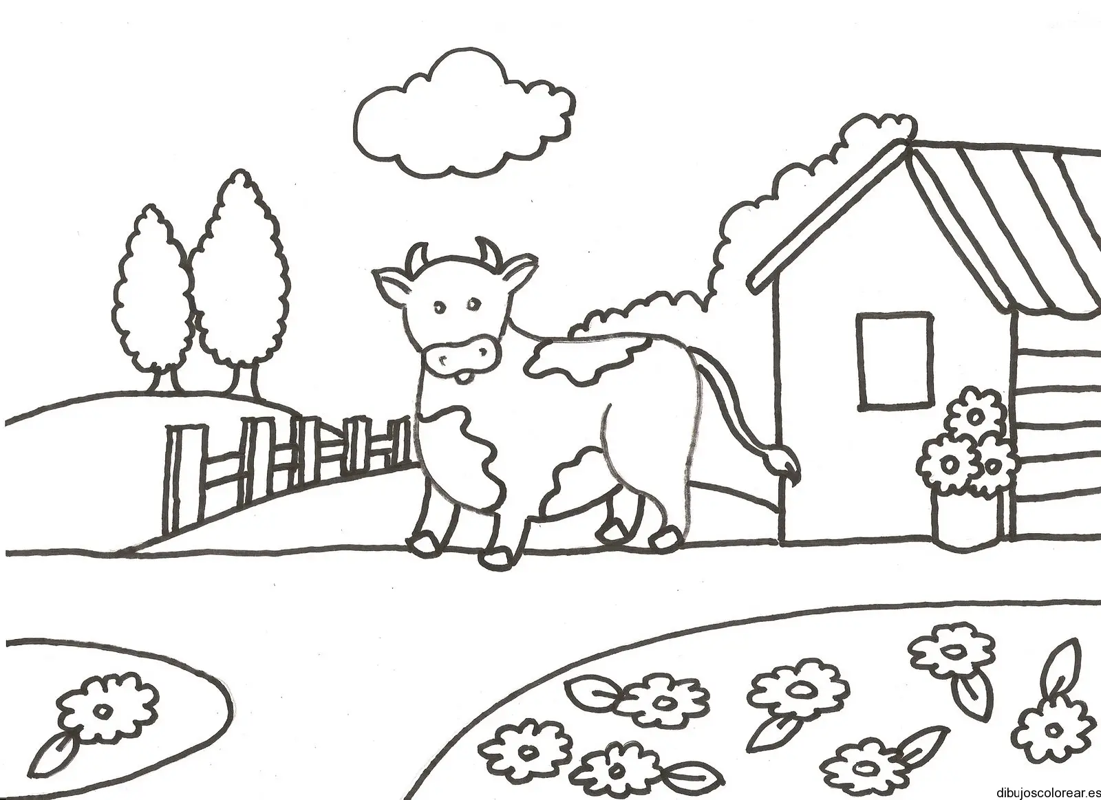 Dibujo de una vaca en una casa para colorear