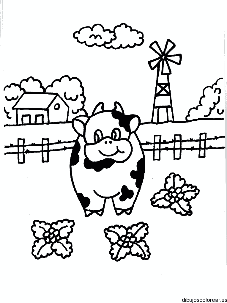 Dibujo de una vaca y un molino de viento para colorear