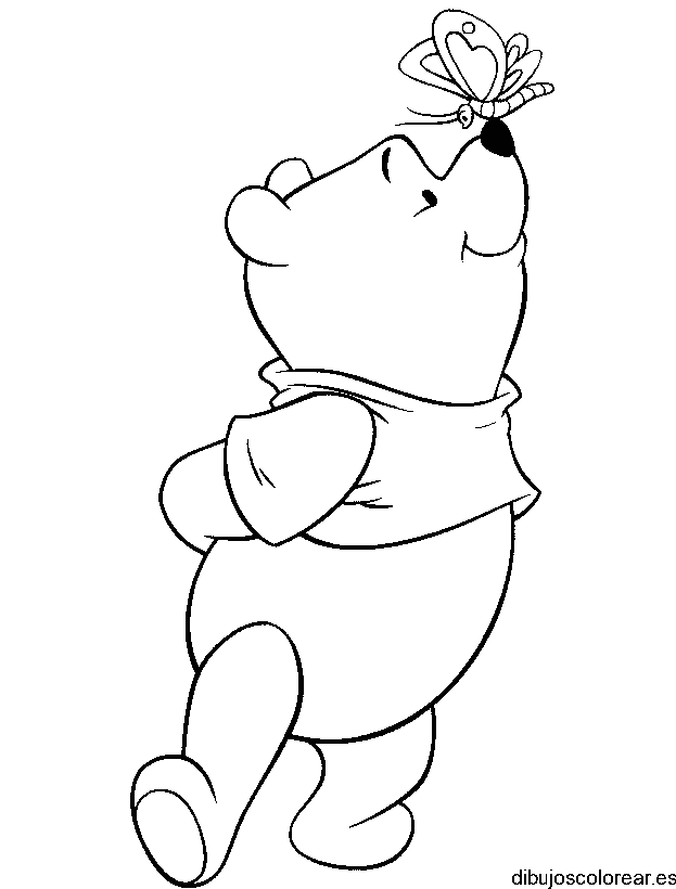 Dibujo de Winni Pooh con una mariposa para colorear