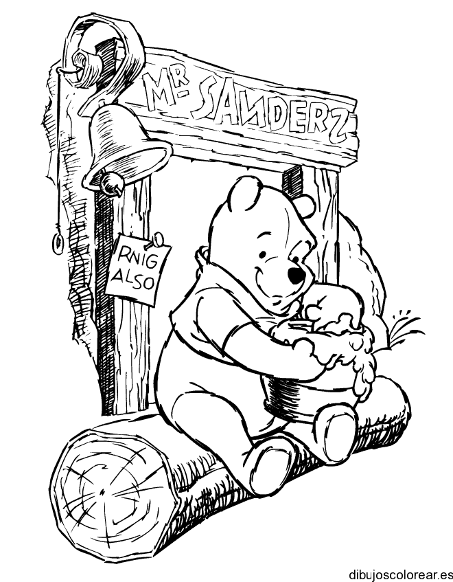 Dibujo de Winni Pooh en un tronco para colorear