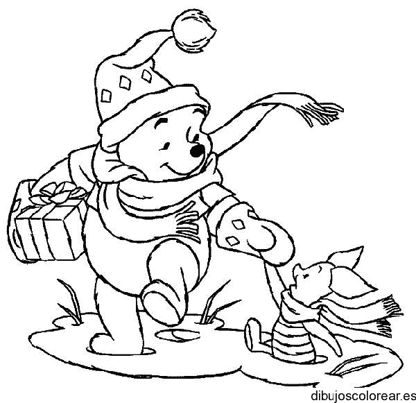 Dibujo de Winnie Poh caminando en la nieve para colorear