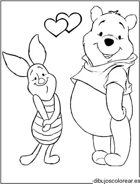 Dibujo de Winnie Poh con dos corazones para colorear