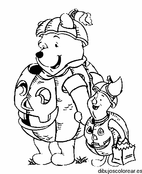 Dibujo de Winnie Poh y Piglet disfrazados de calabazas para colorear