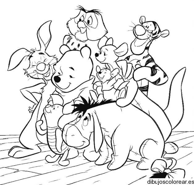 Dibujo de Winnie Poh y sus amigos en una imagen para colorear