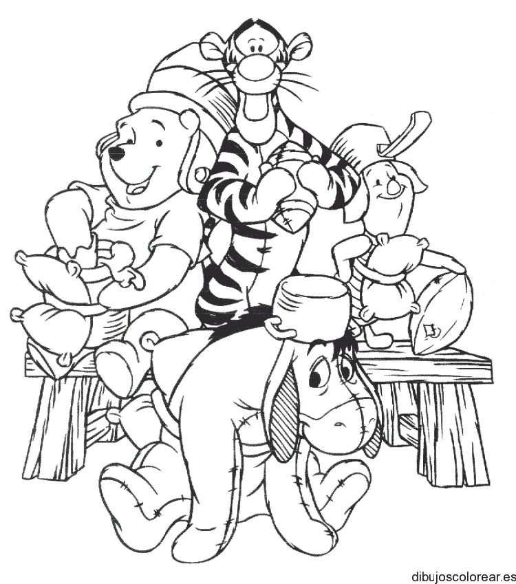 Dibujo de Winnie Poh y sus amigos jugando para colorear