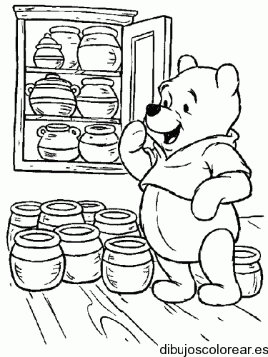 Dibujo de Winnie Poh y tarros de miel para colorear