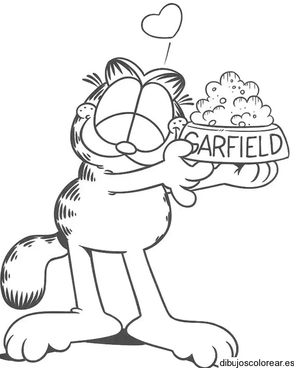 Dibujo del Gato Garfield con su comida para colorear