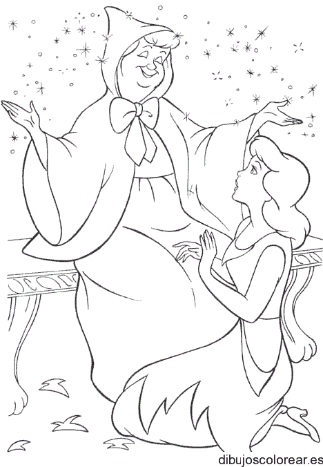 Dibujo del hada madrina con Cenicienta para colorear