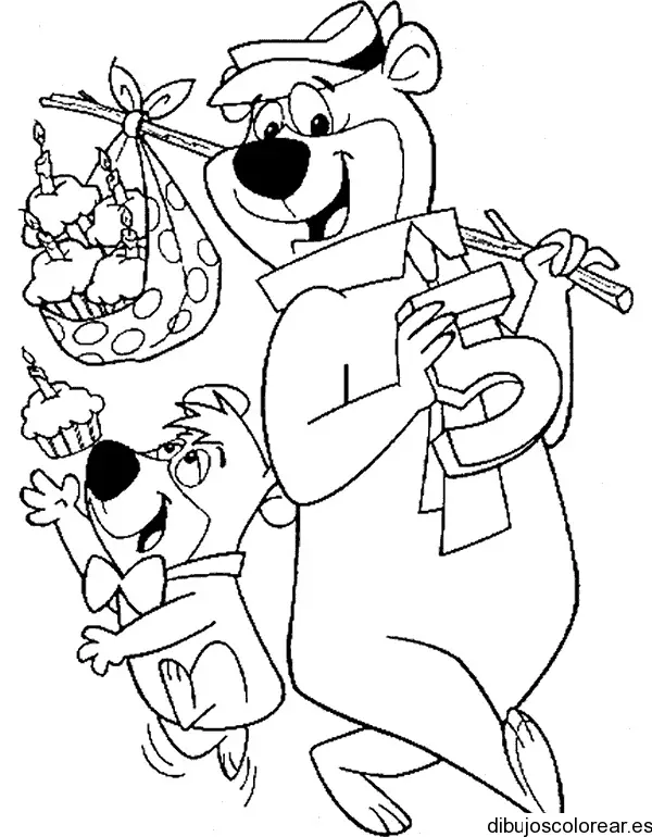 Dibujo del Oso Yogui y el número 5 para colorear