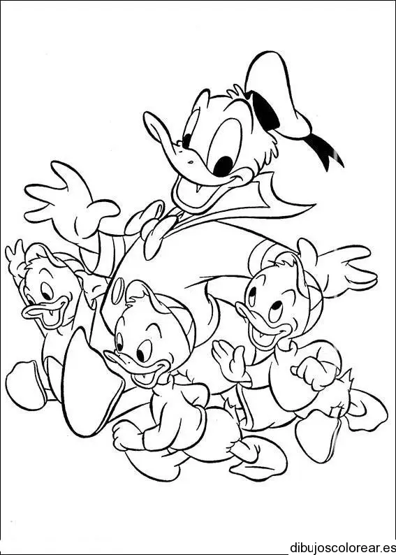 Dibujo del Pato Donald con sus sobrinos para colorear