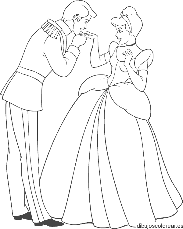 Dibujo del príncipe besando la mano de Cenicienta para colorear