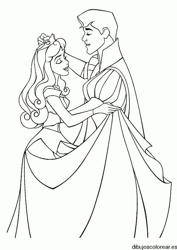 Dibujo del príncipe y Aurora bailando para colorear