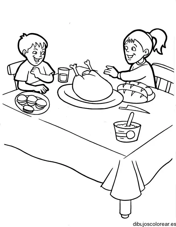 Dibujos de dos niños comiendo para colorear