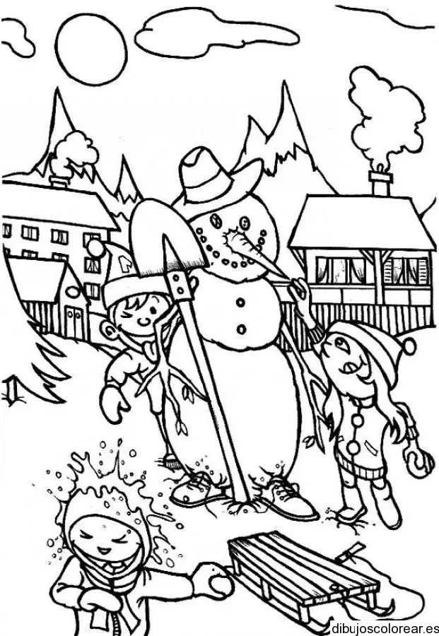 Dibujos de niños jugando en la nieve para colorear