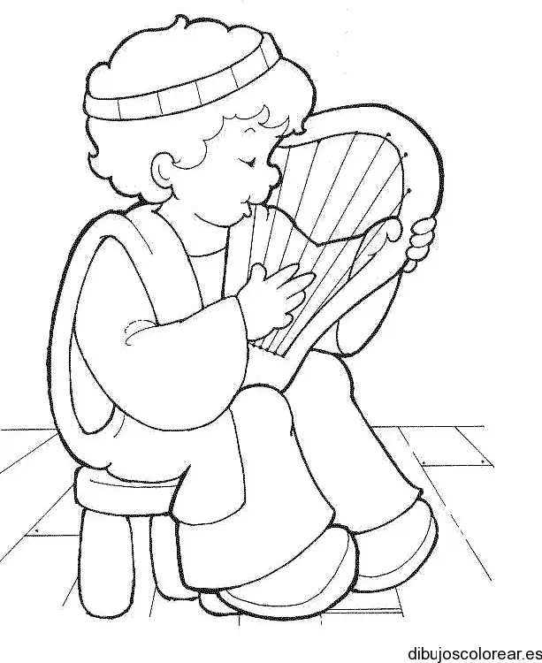 Niño toca arpa para colorear