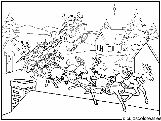 Reno de Santa Claus en un techo para colorear