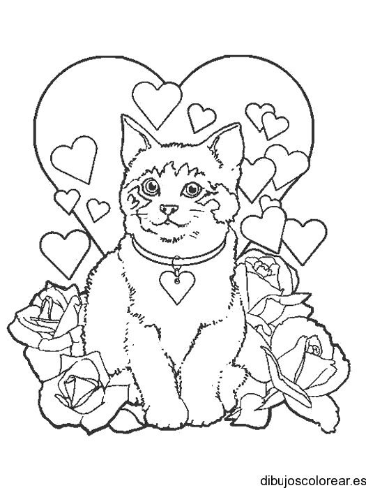 Un gato con corazones para colorear